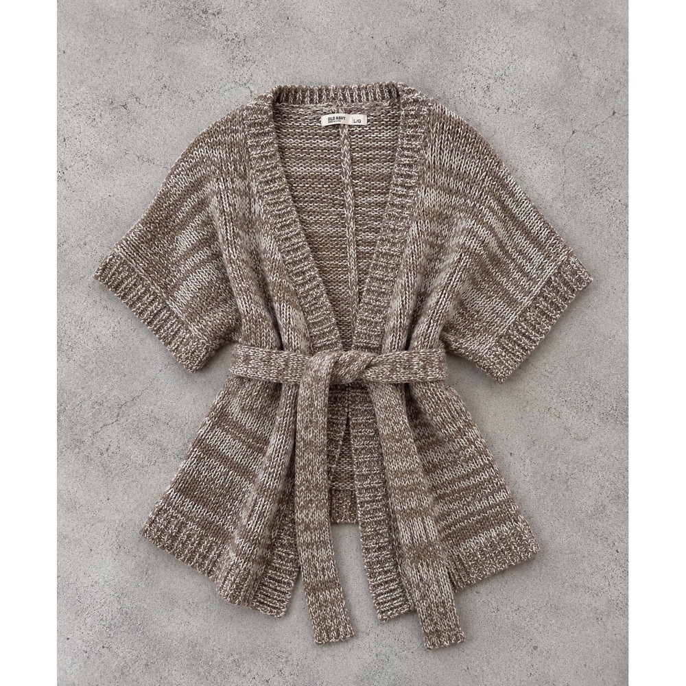 Old Navy Marled Knit Belted Cardigan Sweater Kimono Short Sleeve Tan Brown L